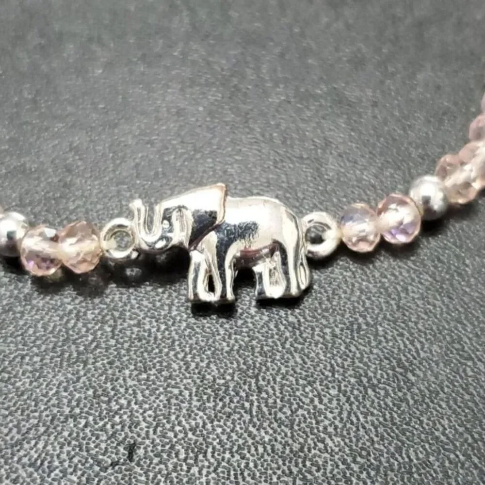 Pink glass beaded elephant bracelet 6.75